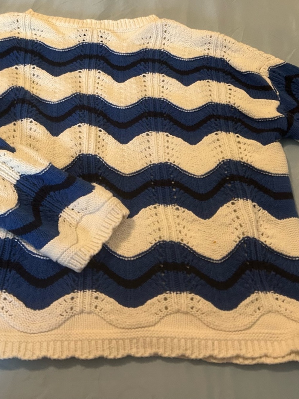 Karen Kane Wave-Stripe Crewneck Sweater in Ivory and Blue